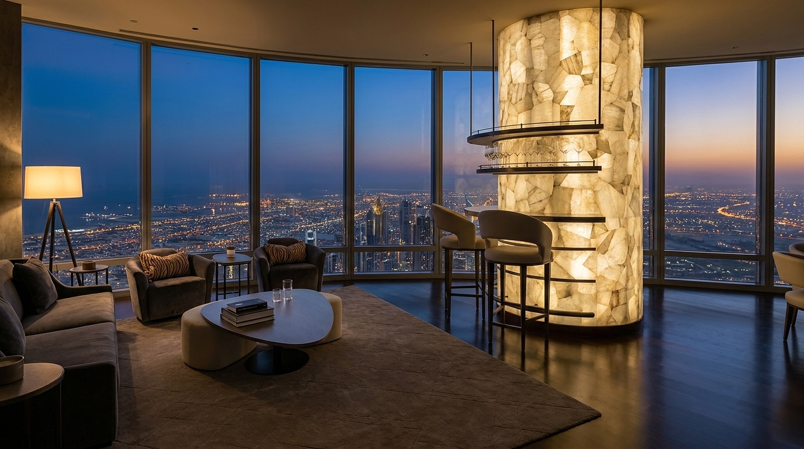 Living room of a private residence in the Burj Khalifa: curved floor-to-ceiling glazing wrapping the Dubai skyline, a crystalline-stone bar column, and grey lounge seating